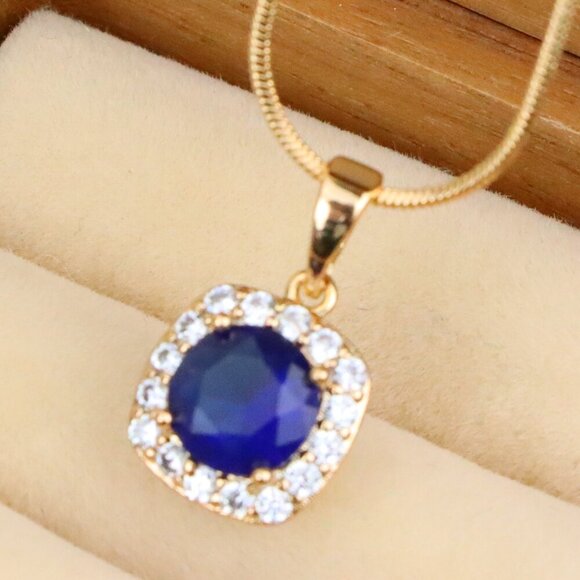 "Blue Round Stone Pendant in Gold Plated Brass with Crystal Accents, XPPT1774 - Picture 1 of 13